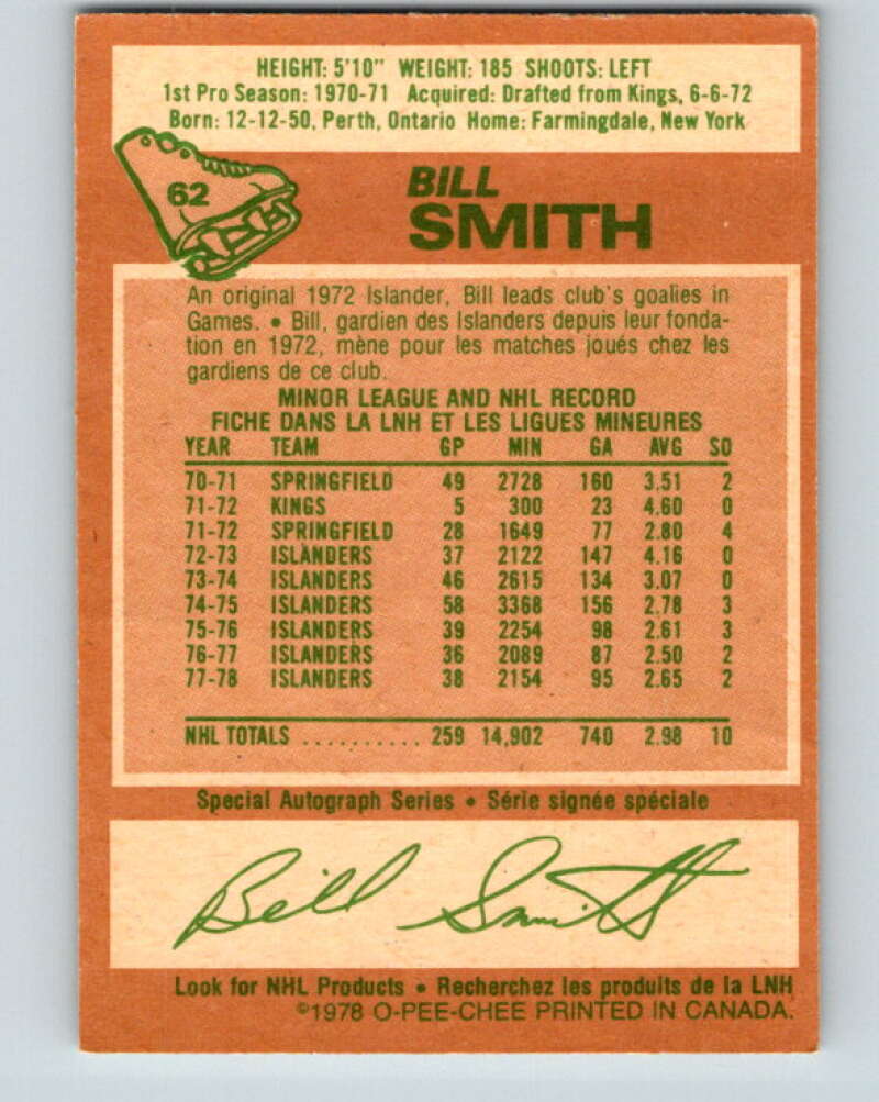 1978-79 O-Pee-Chee #62 Billy Smith  New York Islanders  V21723