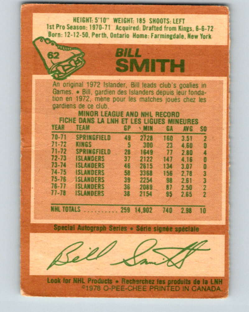 1978-79 O-Pee-Chee #62 Billy Smith  New York Islanders  V21724