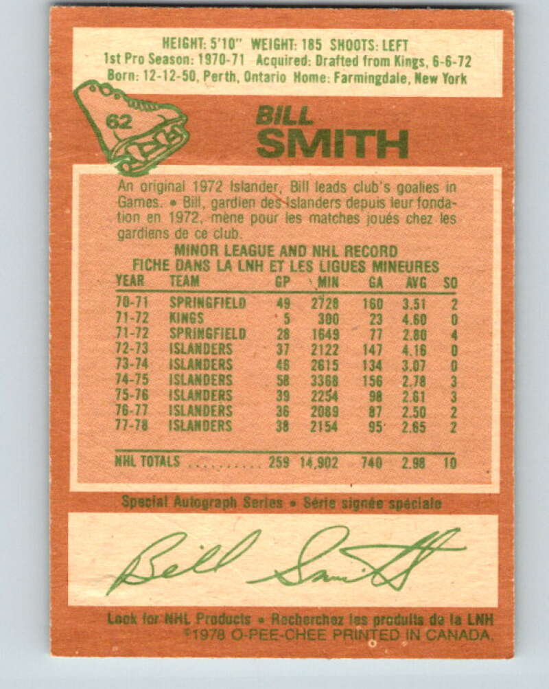 1978-79 O-Pee-Chee #62 Billy Smith  New York Islanders  V21725