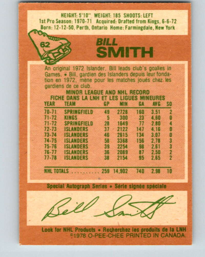 1978-79 O-Pee-Chee #62 Billy Smith  New York Islanders  V21728
