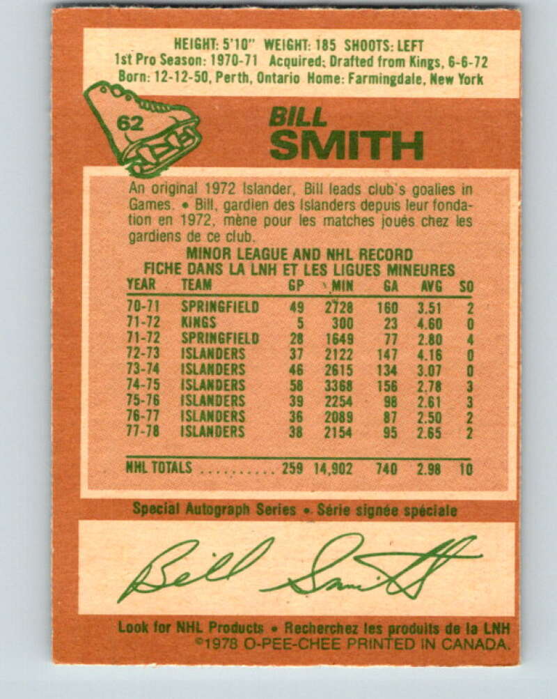 1978-79 O-Pee-Chee #62 Billy Smith  New York Islanders  V21729