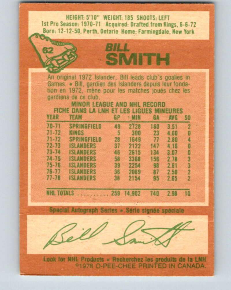 1978-79 O-Pee-Chee #62 Billy Smith  New York Islanders  V21730