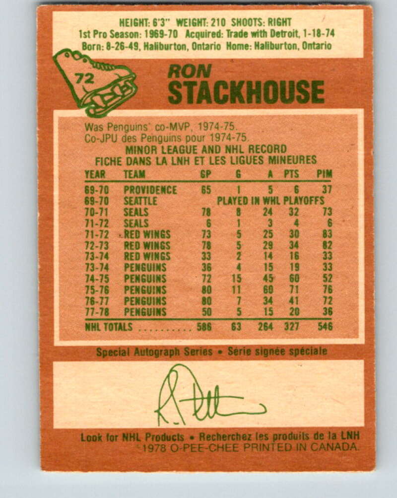 1978-79 O-Pee-Chee #72 Ron Stackhouse  Pittsburgh Penguins  V21858