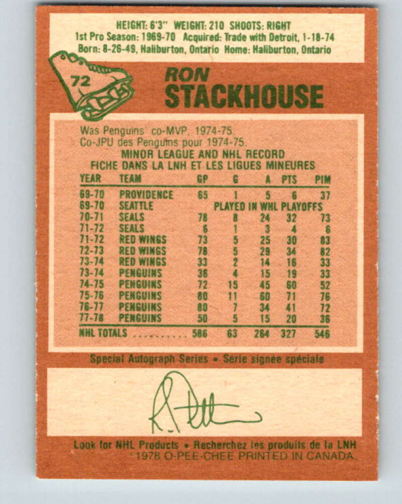 1978-79 O-Pee-Chee #72 Ron Stackhouse  Pittsburgh Penguins  V21859