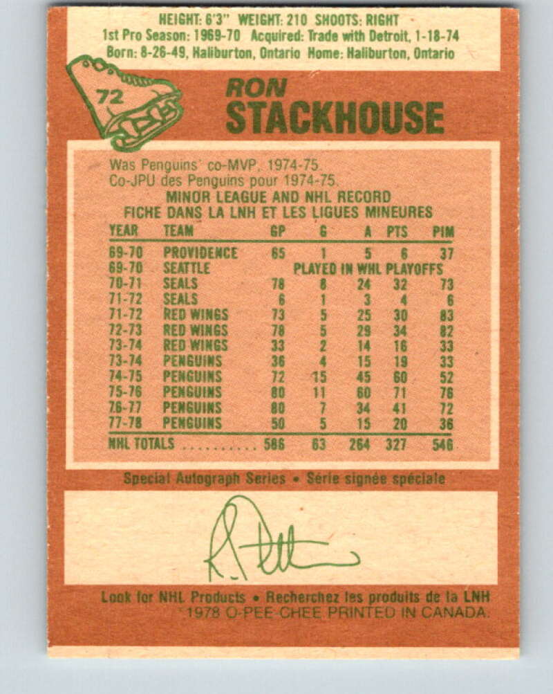 1978-79 O-Pee-Chee #72 Ron Stackhouse  Pittsburgh Penguins  V21863
