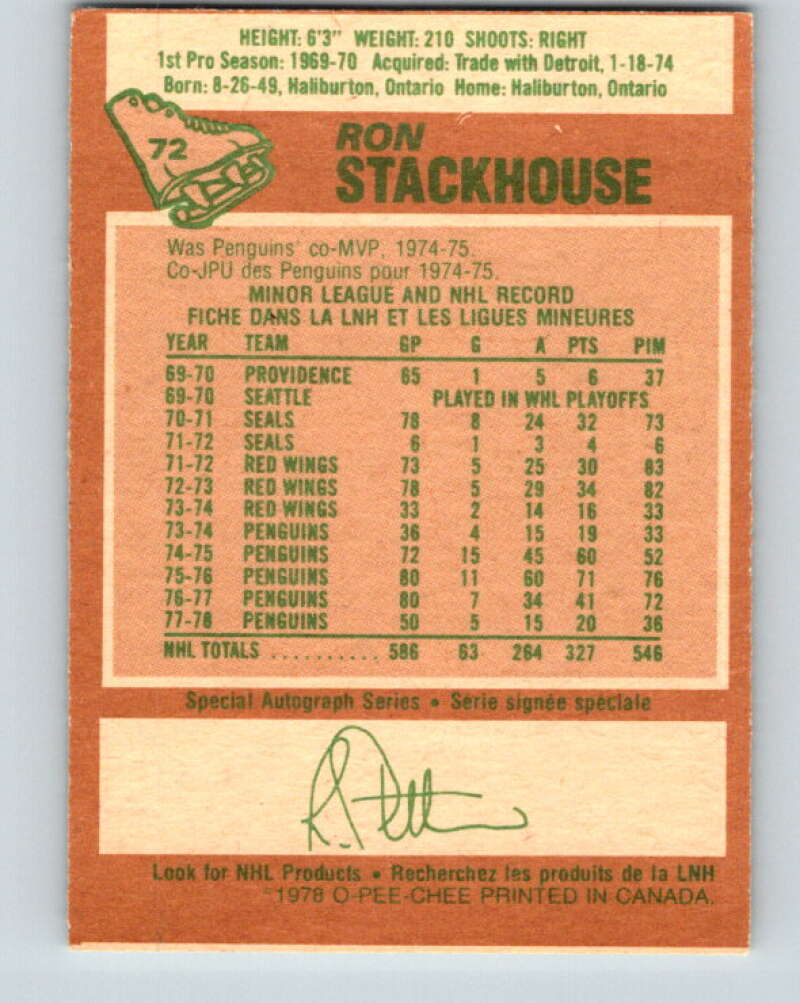 1978-79 O-Pee-Chee #72 Ron Stackhouse  Pittsburgh Penguins  V21864
