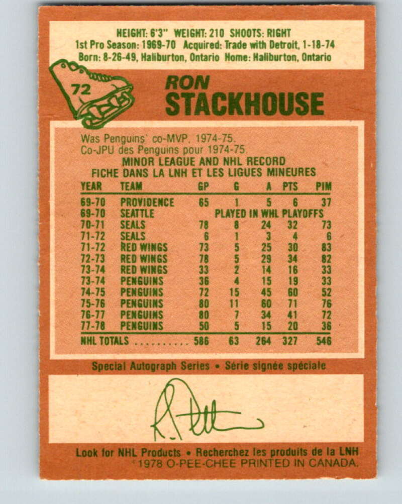 1978-79 O-Pee-Chee #72 Ron Stackhouse  Pittsburgh Penguins  V21866