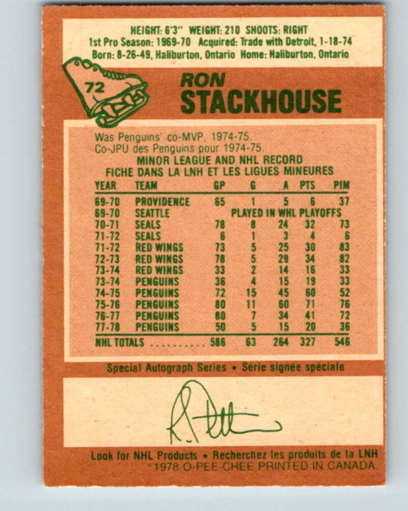 1978-79 O-Pee-Chee #72 Ron Stackhouse  Pittsburgh Penguins  V21868
