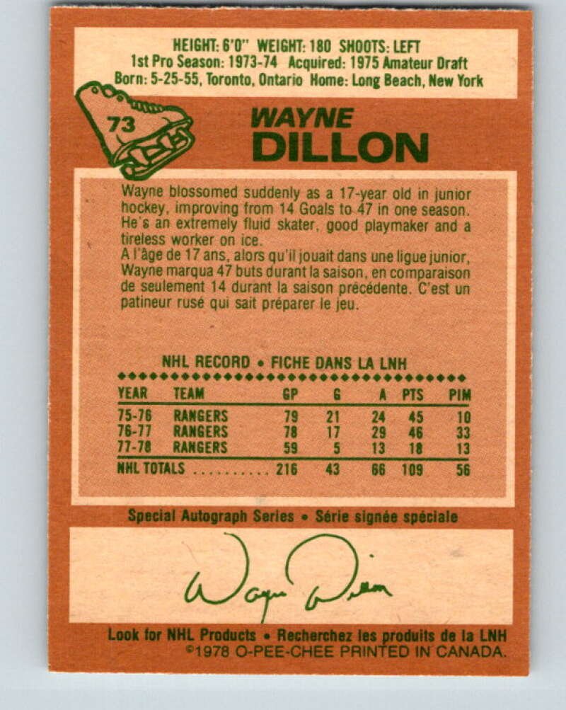 1978-79 O-Pee-Chee #73 Wayne Dillon  New York Rangers  V21876