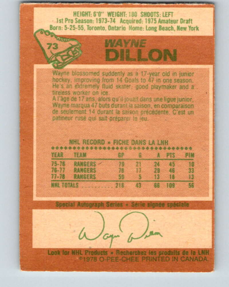 1978-79 O-Pee-Chee #73 Wayne Dillon  New York Rangers  V21877