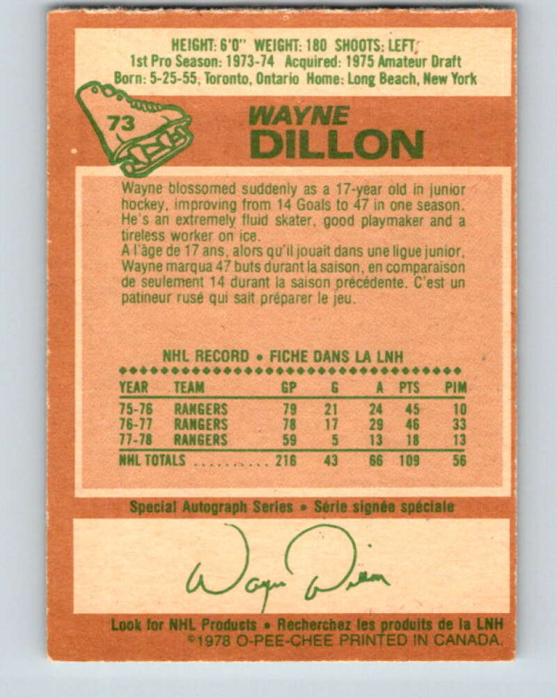 1978-79 O-Pee-Chee #73 Wayne Dillon  New York Rangers  V21878