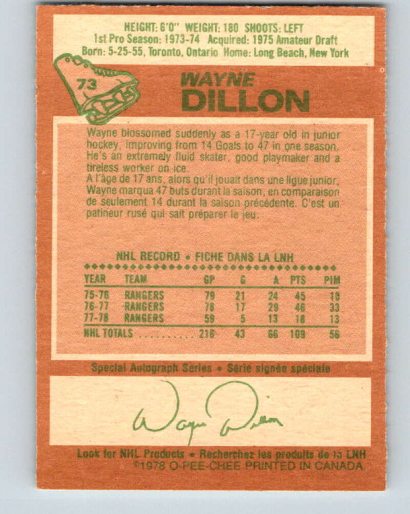 1978-79 O-Pee-Chee #73 Wayne Dillon  New York Rangers  V21879