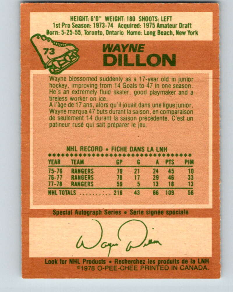1978-79 O-Pee-Chee #73 Wayne Dillon  New York Rangers  V21882