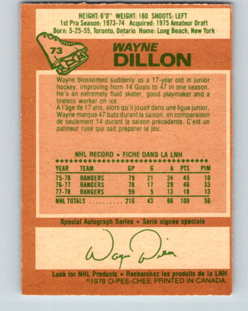 1978-79 O-Pee-Chee #73 Wayne Dillon  New York Rangers  V21883