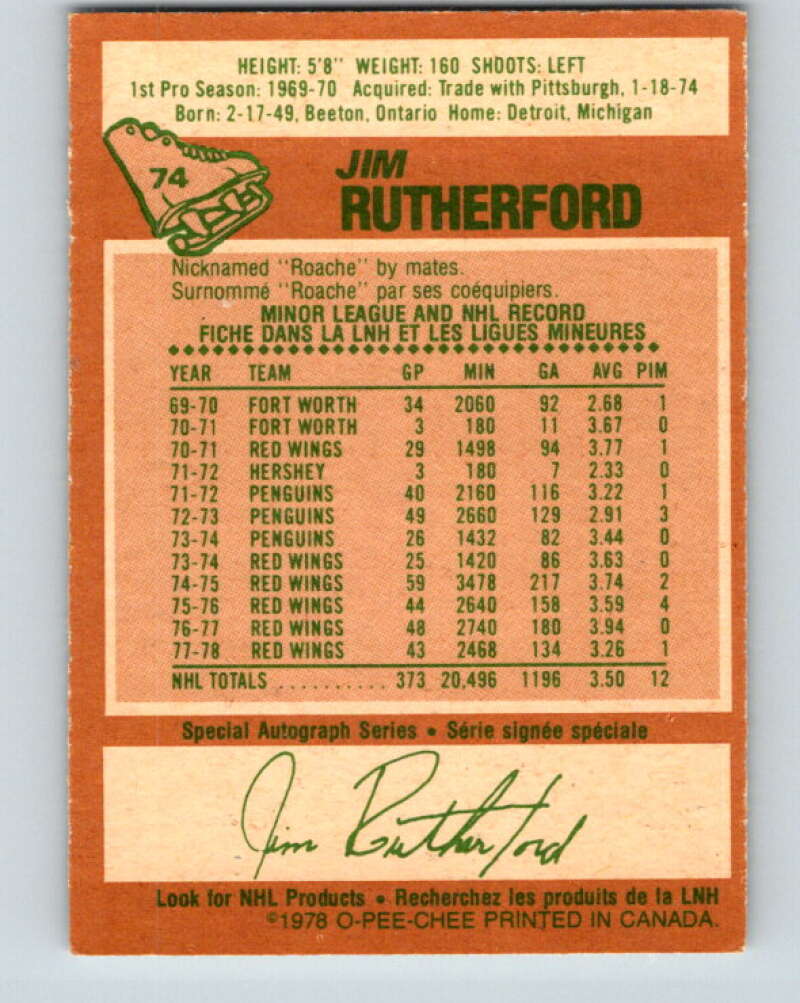 1978-79 O-Pee-Chee #74 Jim Rutherford  Detroit Red Wings  V21889
