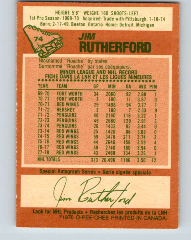 1978-79 O-Pee-Chee #74 Jim Rutherford  Detroit Red Wings  V21893