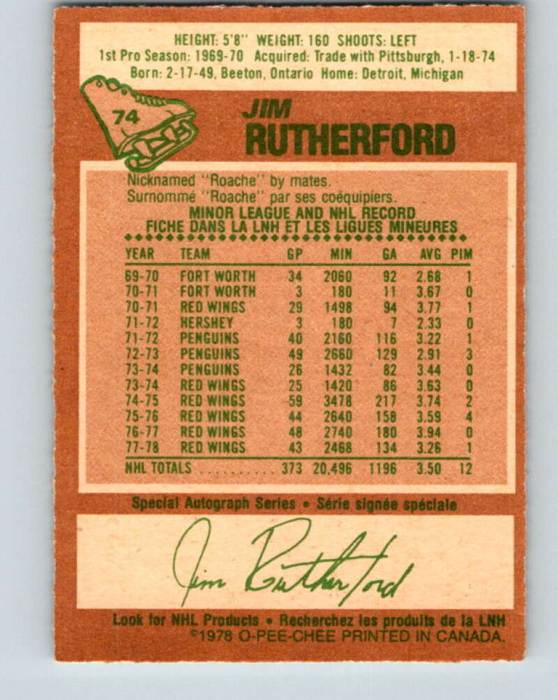 1978-79 O-Pee-Chee #74 Jim Rutherford  Detroit Red Wings  V21896