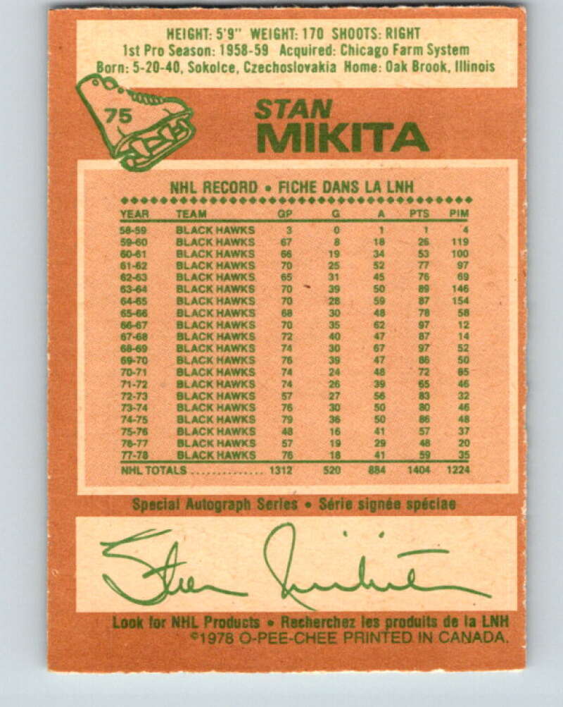 1978-79 O-Pee-Chee #75 Stan Mikita  Chicago Blackhawks  V21903