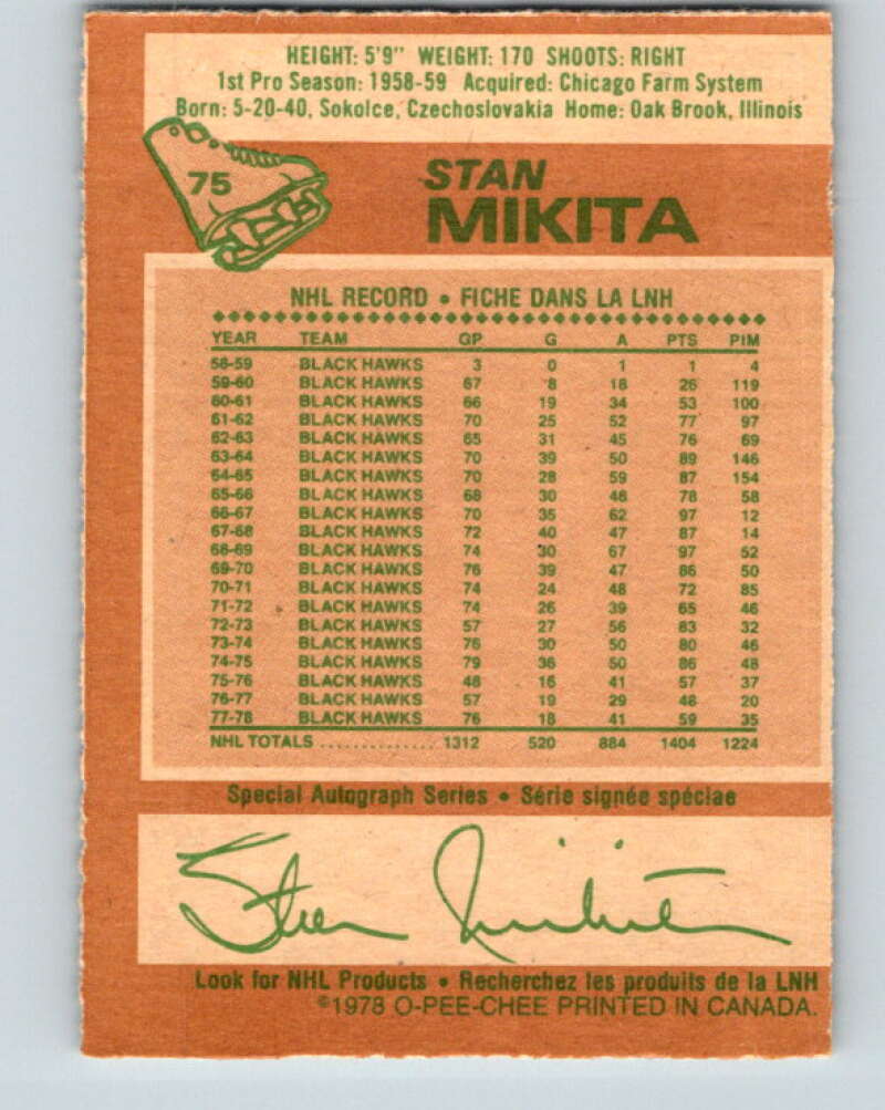 1978-79 O-Pee-Chee #75 Stan Mikita  Chicago Blackhawks  V21908