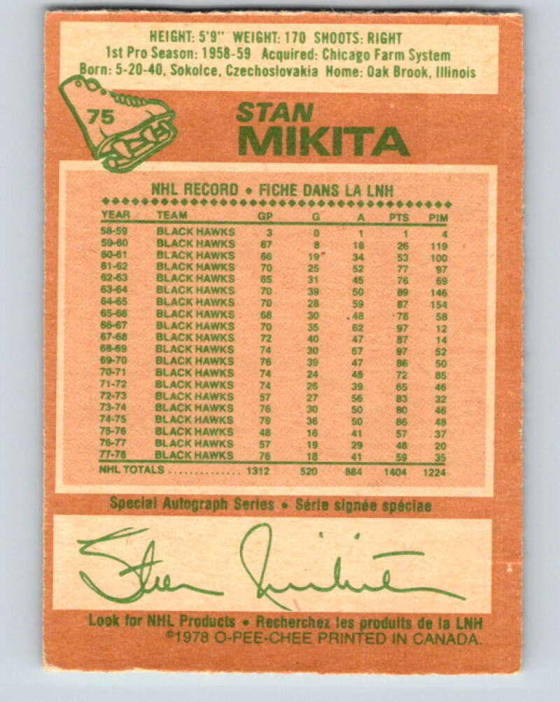 1978-79 O-Pee-Chee #75 Stan Mikita  Chicago Blackhawks  V21909