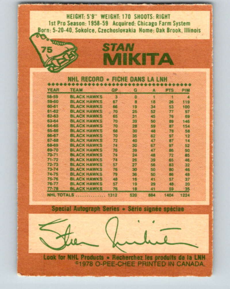 1978-79 O-Pee-Chee #75 Stan Mikita  Chicago Blackhawks  V21910