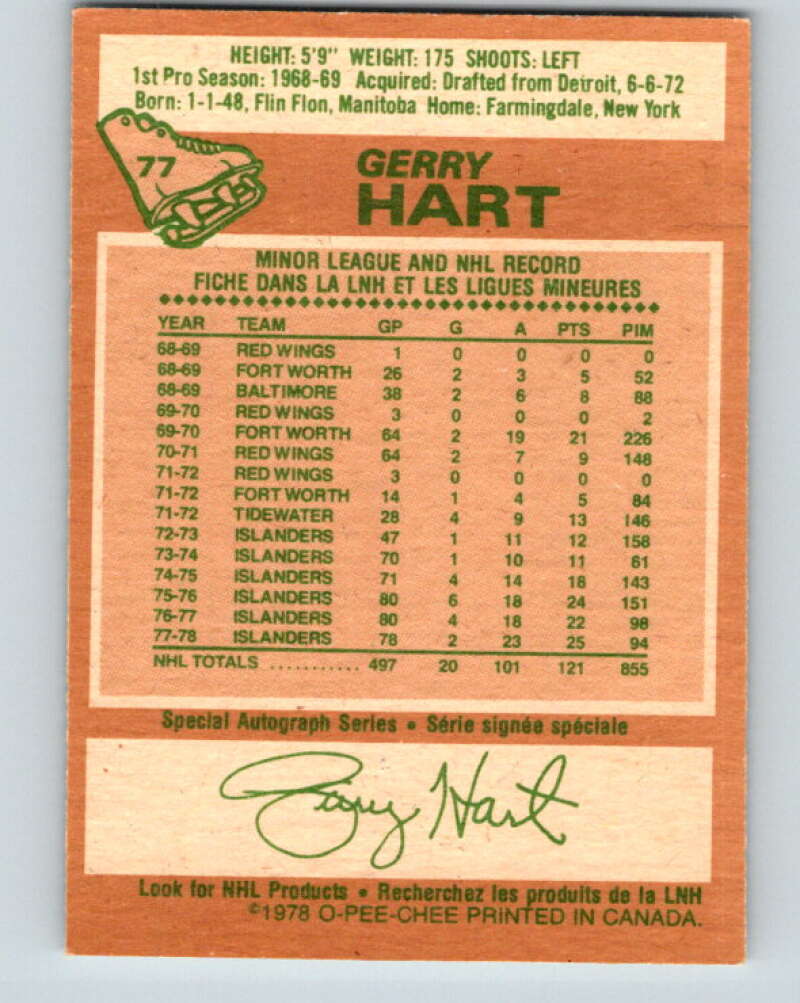 1978-79 O-Pee-Chee #77 Gerry Hart  New York Islanders  V21927