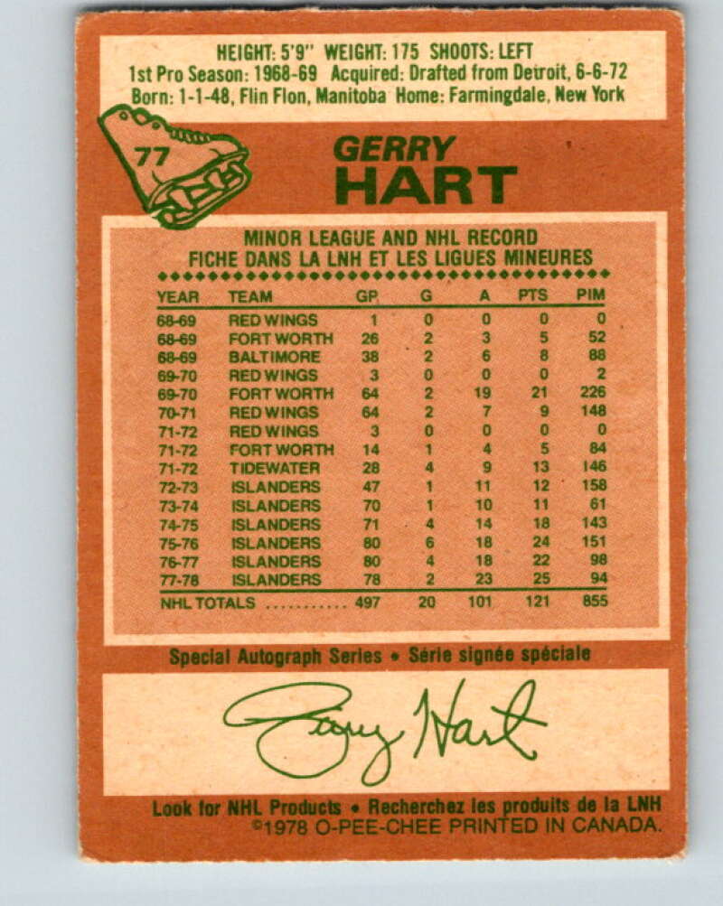 1978-79 O-Pee-Chee #77 Gerry Hart  New York Islanders  V21931