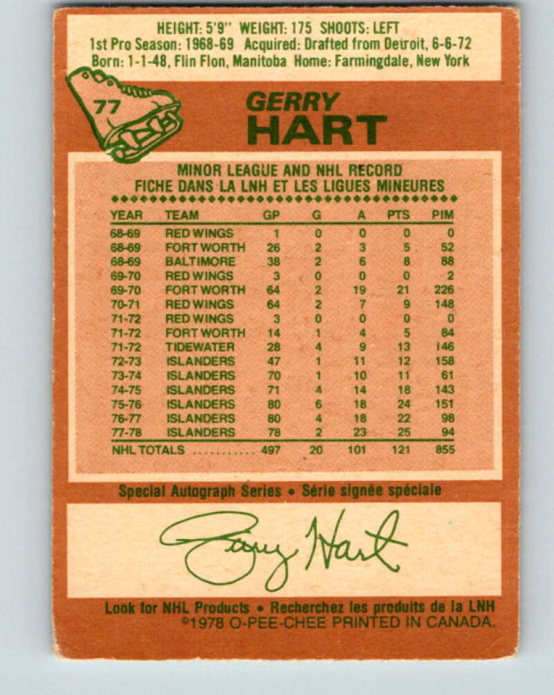 1978-79 O-Pee-Chee #77 Gerry Hart  New York Islanders  V21936