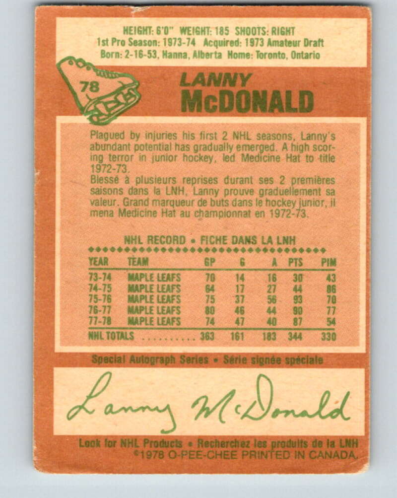 1978-79 O-Pee-Chee #78 Lanny McDonald Maple Leafs  V21938