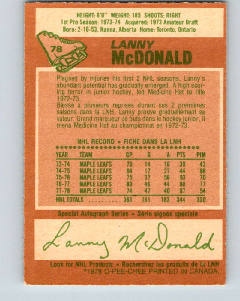 1978-79 O-Pee-Chee #78 Lanny McDonald Maple Leafs  V21939
