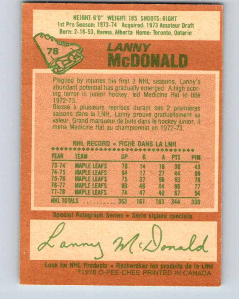 1978-79 O-Pee-Chee #78 Lanny McDonald Maple Leafs  V21944