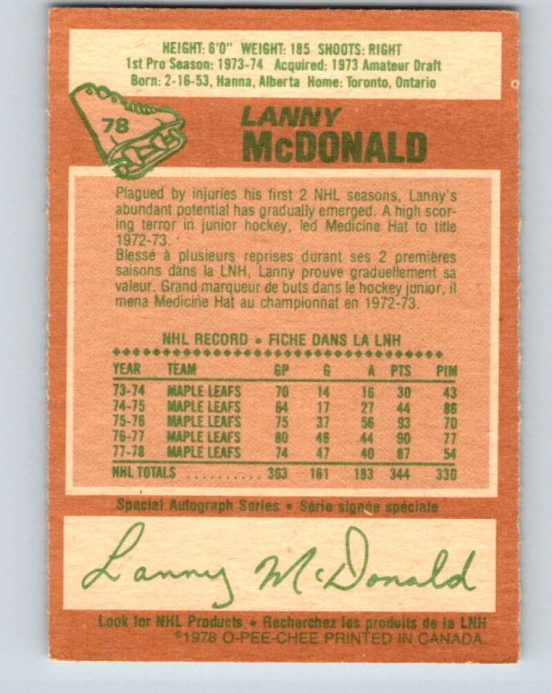 1978-79 O-Pee-Chee #78 Lanny McDonald Maple Leafs  V21947