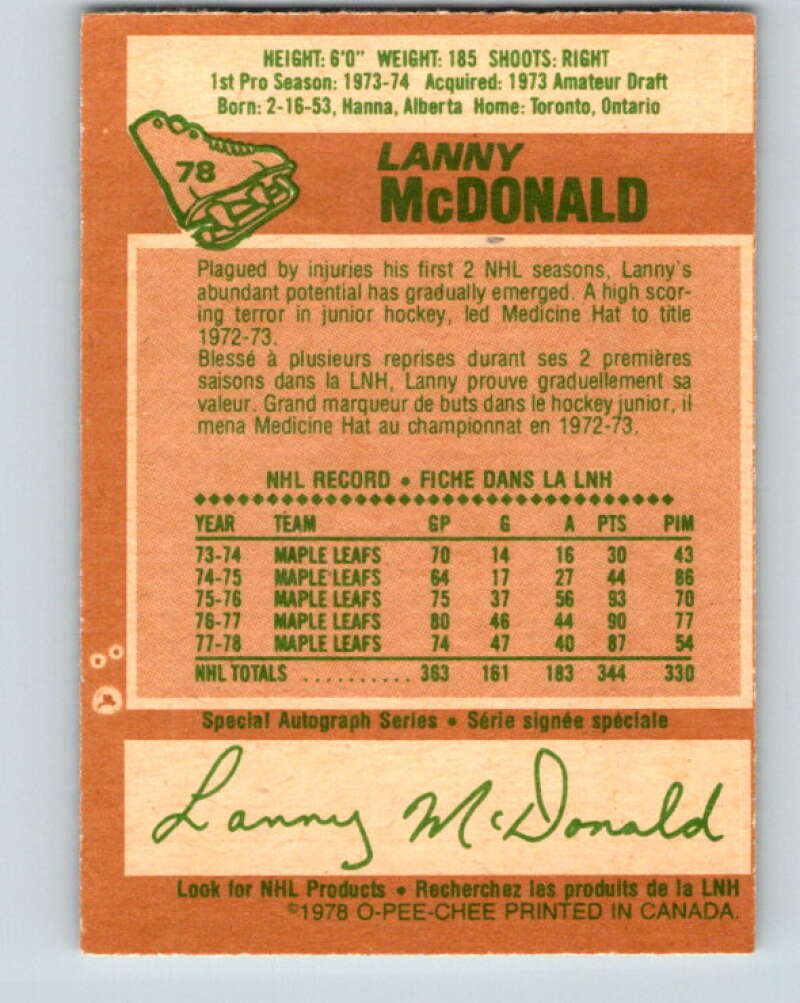 1978-79 O-Pee-Chee #78 Lanny McDonald Maple Leafs  V21948