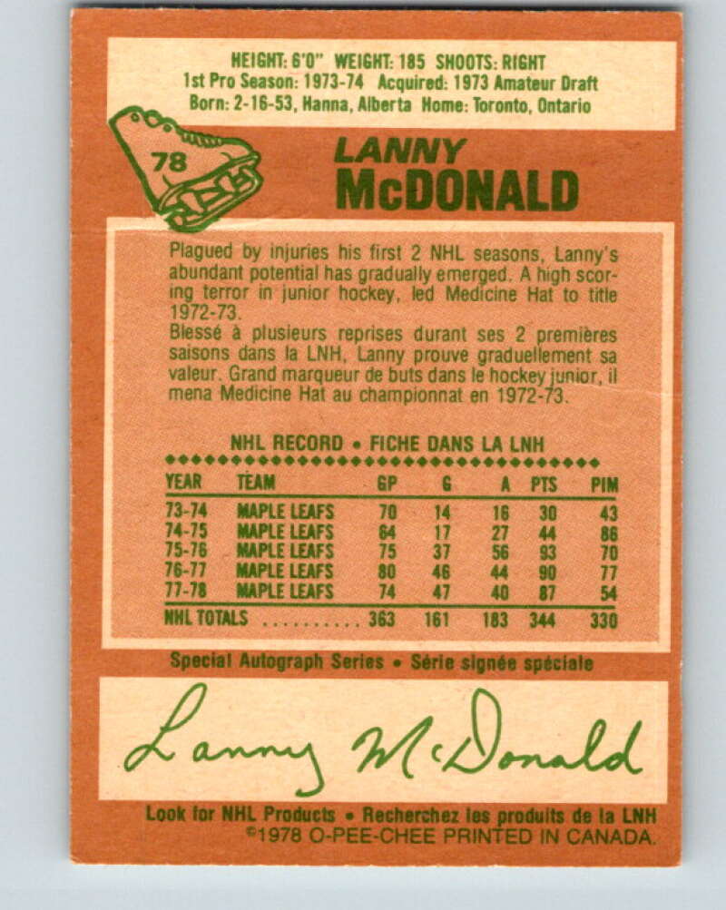 1978-79 O-Pee-Chee #78 Lanny McDonald Maple Leafs  V21949