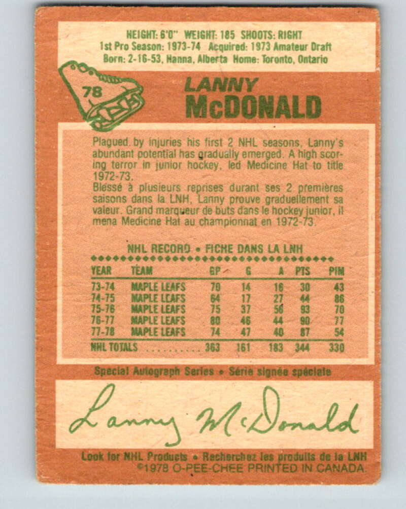 1978-79 O-Pee-Chee #78 Lanny McDonald Maple Leafs  V21952
