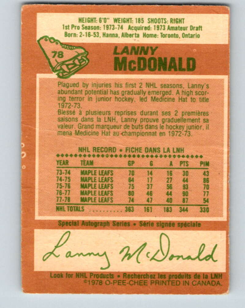 1978-79 O-Pee-Chee #78 Lanny McDonald Maple Leafs  V21953