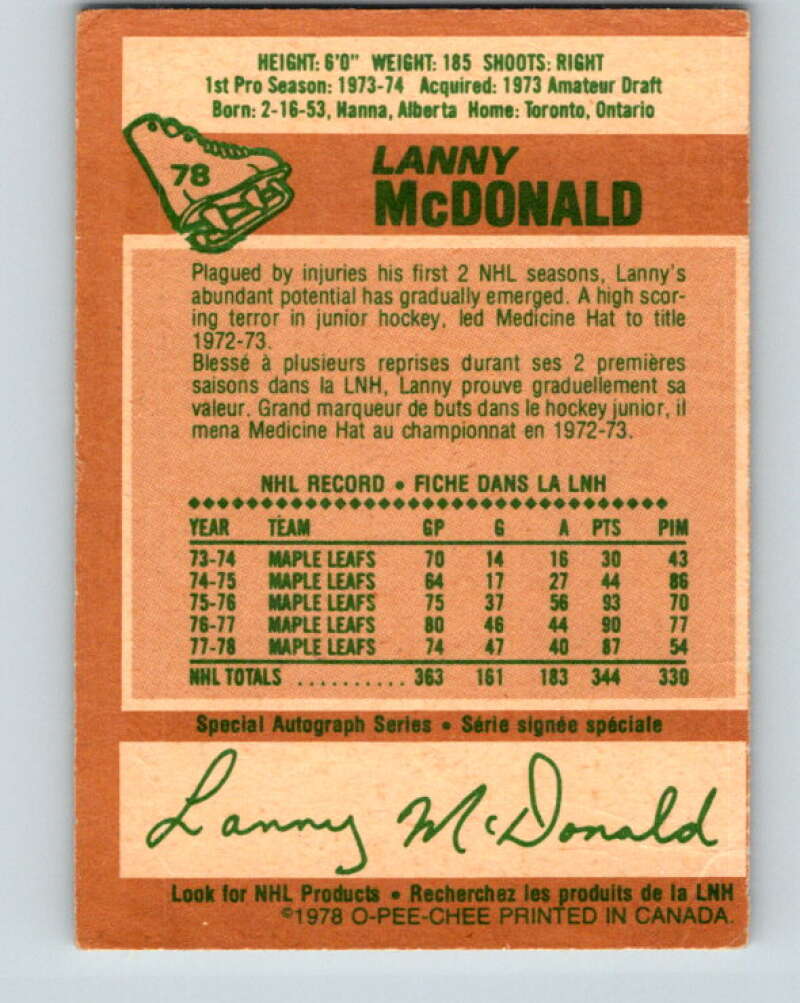 1978-79 O-Pee-Chee #78 Lanny McDonald Maple Leafs  V21954