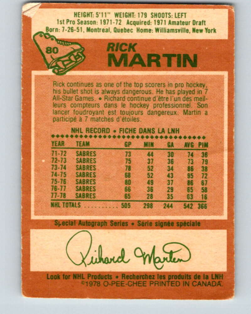 1978-79 O-Pee-Chee #80 Rick Martin  Buffalo Sabres  V21991