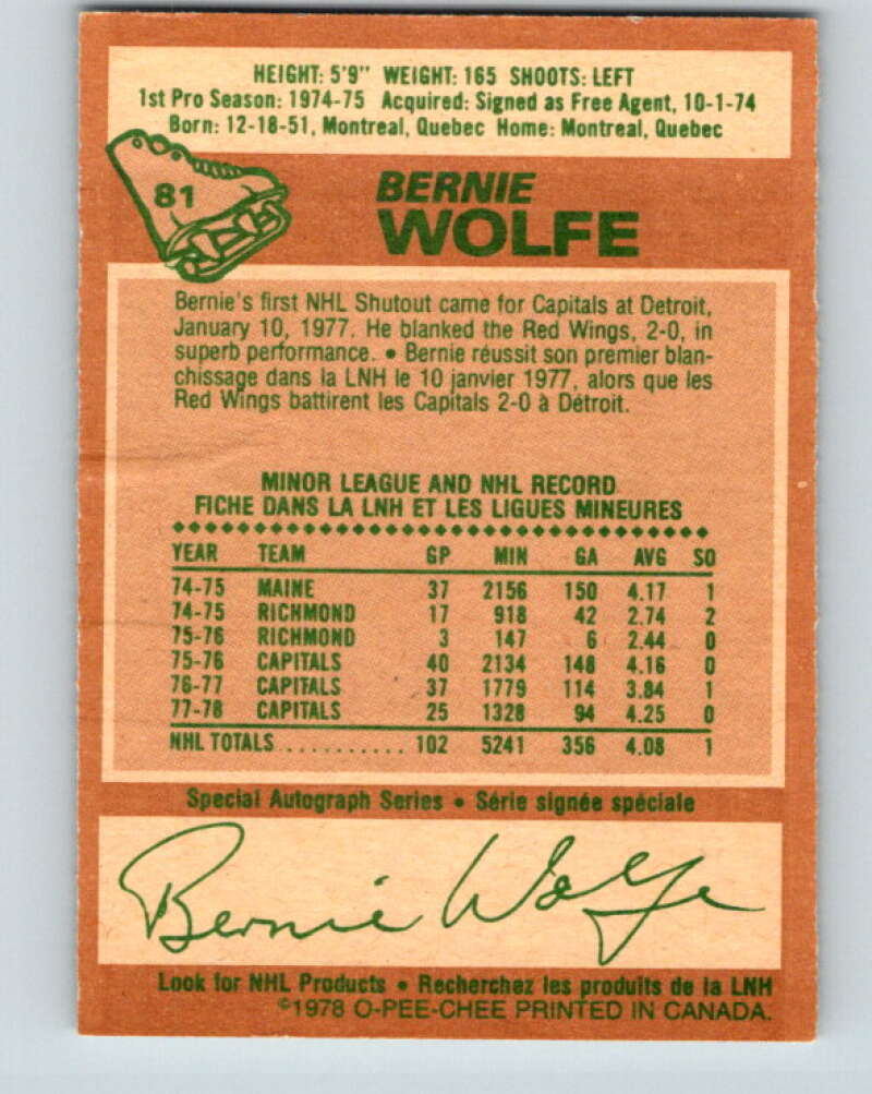 1978-79 O-Pee-Chee #81 Bernie Wolfe  Washington Capitals  V21992