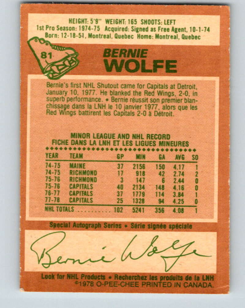 1978-79 O-Pee-Chee #81 Bernie Wolfe  Washington Capitals  V22003