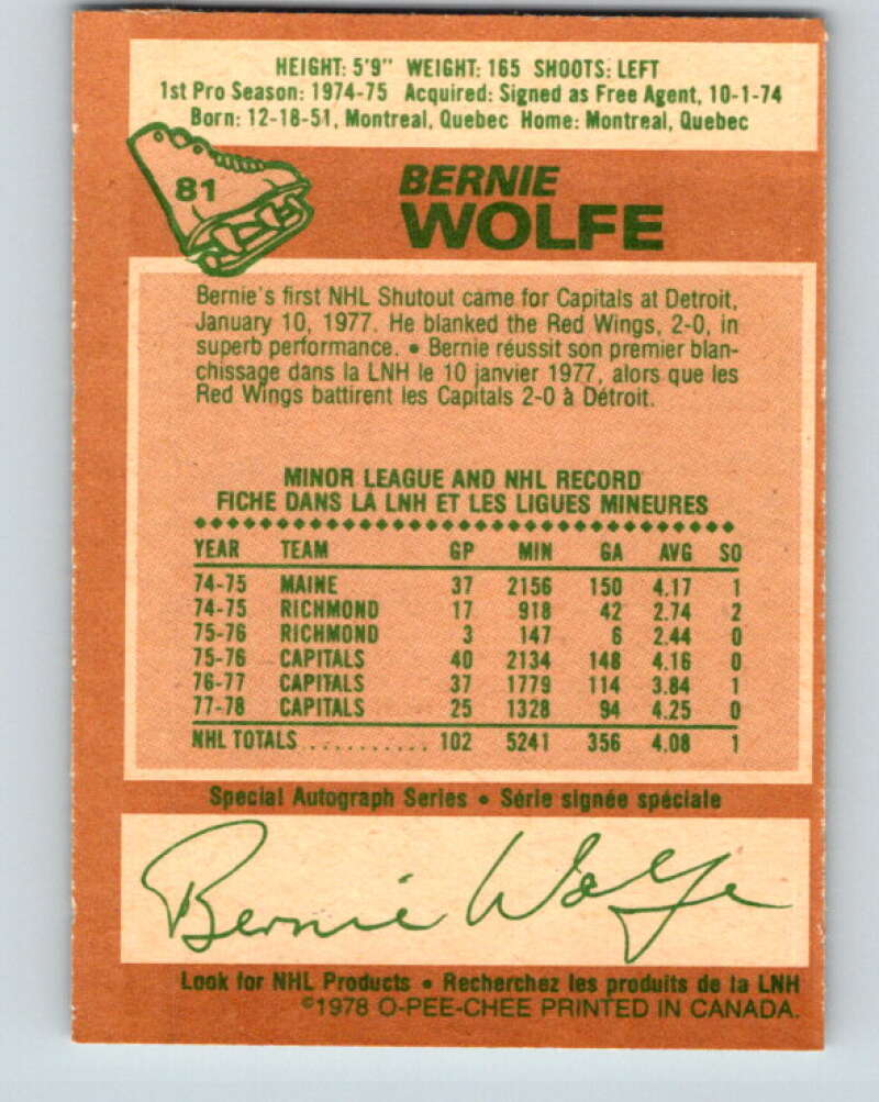 1978-79 O-Pee-Chee #81 Bernie Wolfe  Washington Capitals  V22007