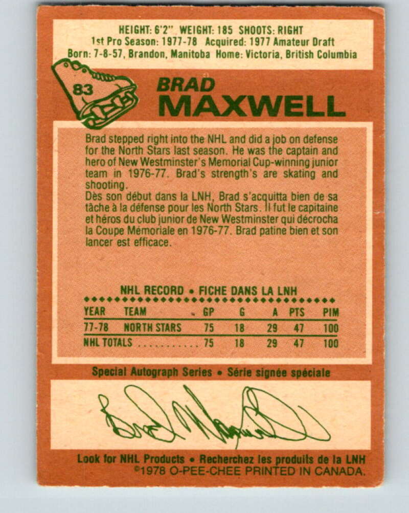 1978-79 O-Pee-Chee #83 Brad Maxwell  RC Rookie Minnesota  V22023