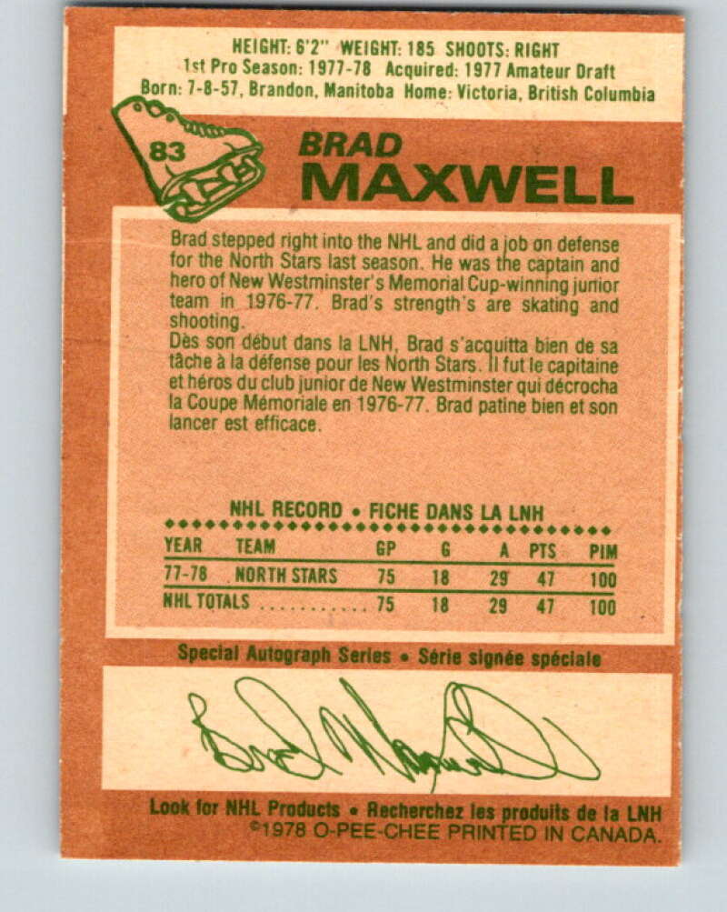 1978-79 O-Pee-Chee #83 Brad Maxwell  RC Rookie Minnesota  V22026