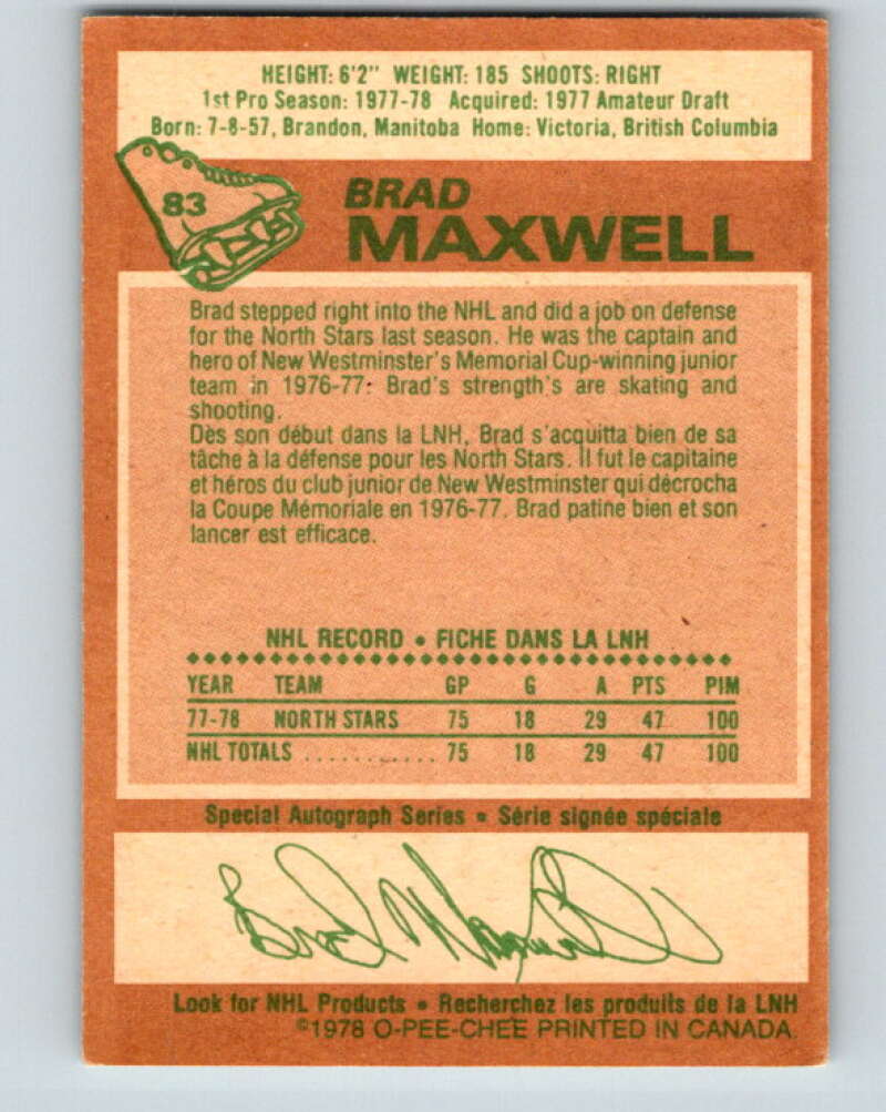 1978-79 O-Pee-Chee #83 Brad Maxwell  RC Rookie Minnesota  V22035