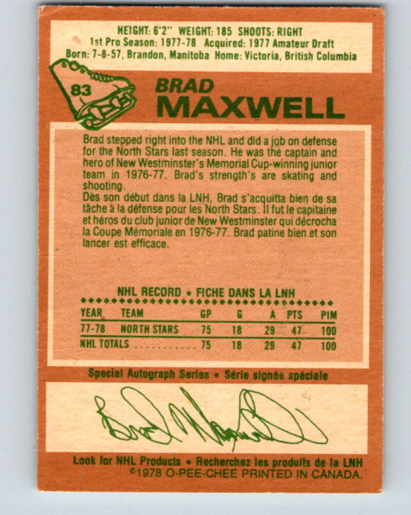 1978-79 O-Pee-Chee #83 Brad Maxwell  RC Rookie Minnesota  V22037