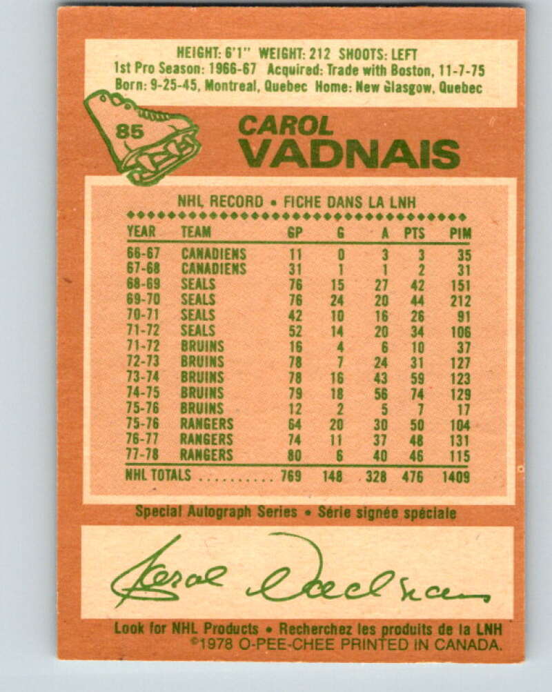 1978-79 O-Pee-Chee #85 Carol Vadnais  New York Rangers  V22053