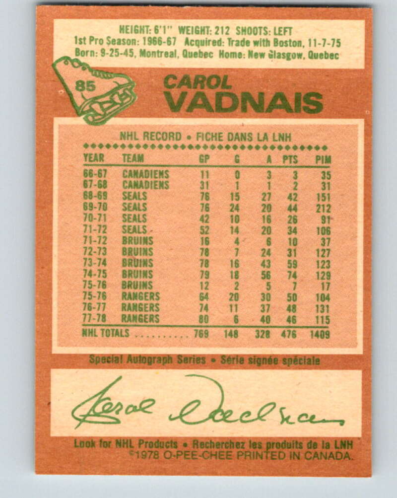 1978-79 O-Pee-Chee #85 Carol Vadnais  New York Rangers  V22056