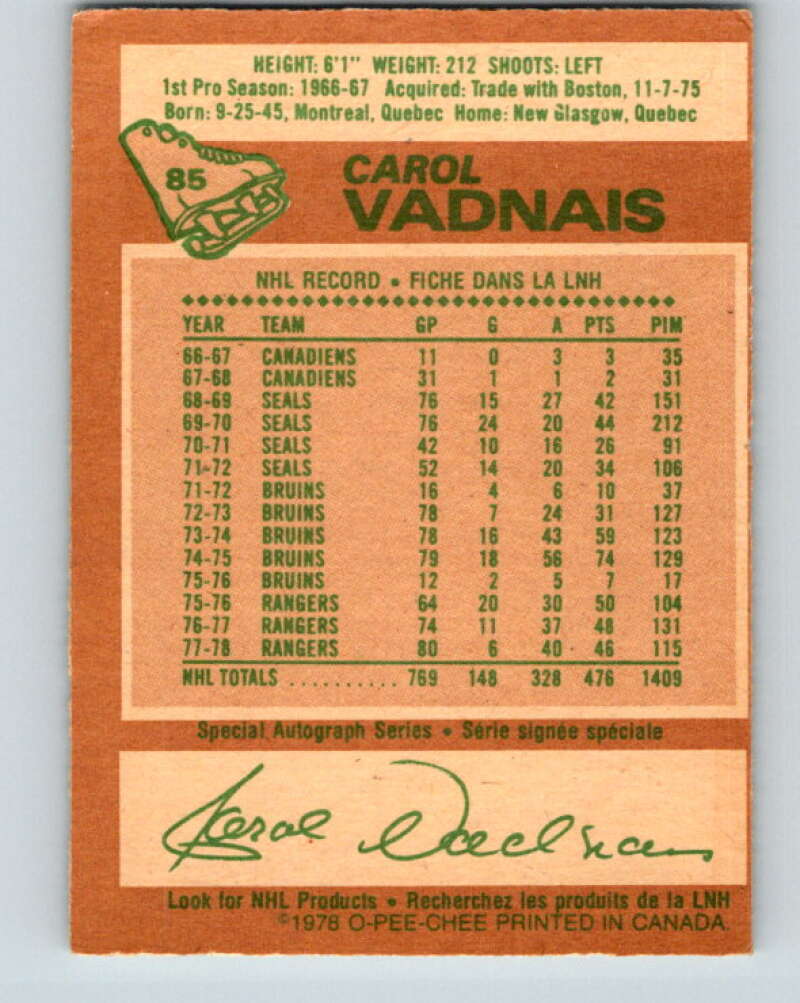 1978-79 O-Pee-Chee #85 Carol Vadnais  New York Rangers  V22059