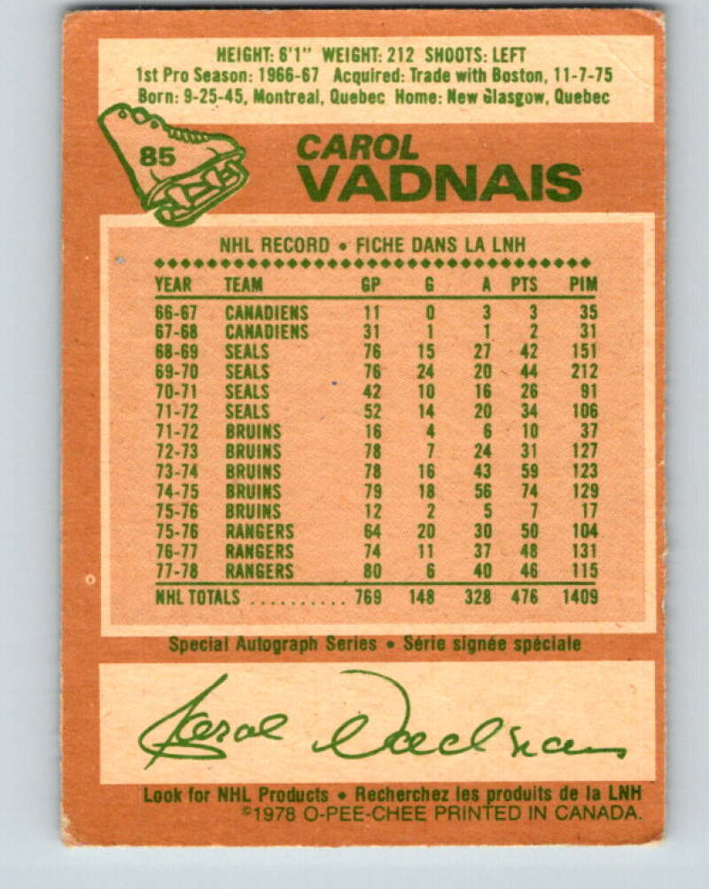 1978-79 O-Pee-Chee #85 Carol Vadnais  New York Rangers  V22060