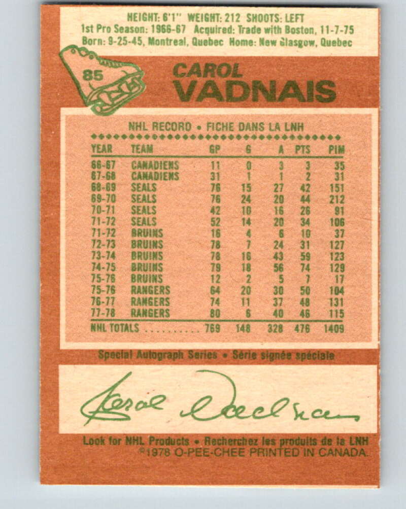 1978-79 O-Pee-Chee #85 Carol Vadnais  New York Rangers  V22062